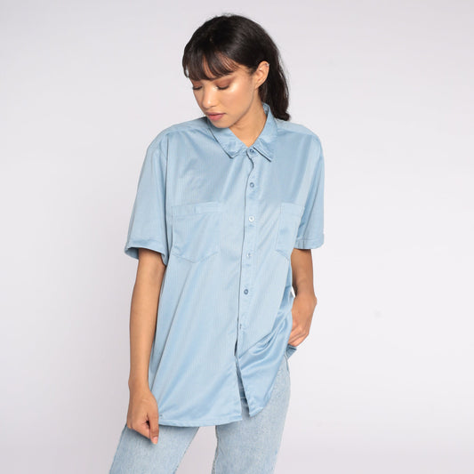 70s Haband Blue Button-Up Shirt Short Sleeve Collar Men's Large