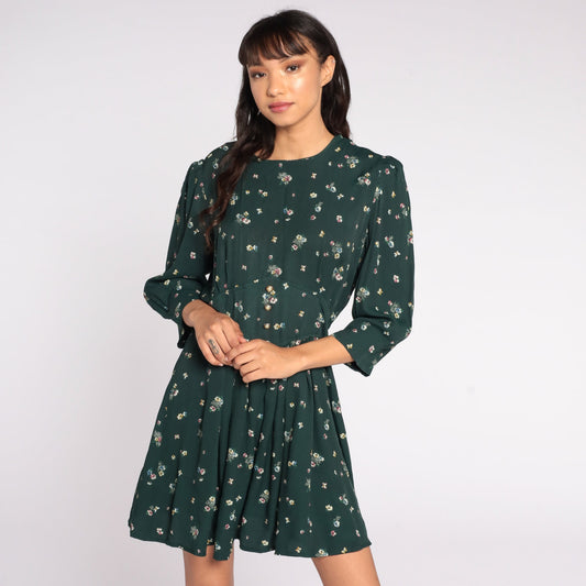 80s Green Floral Mini Dress Puff Sleeve High Waisted Medium
