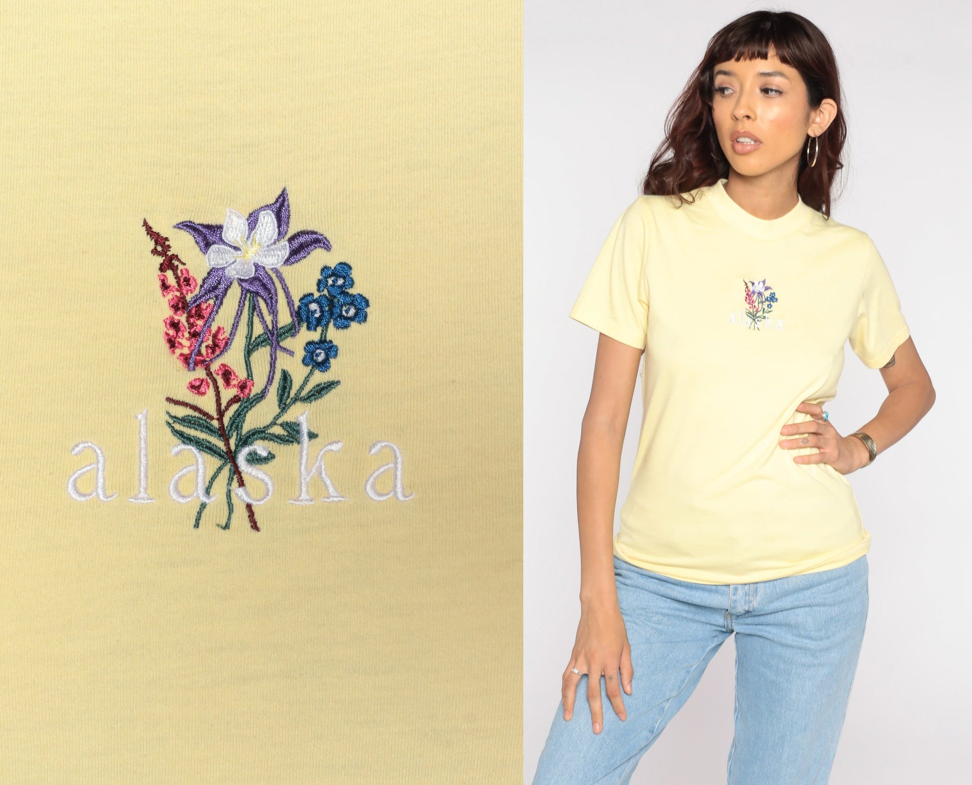 80s Alaska Floral Embroidered Graphic T-Shirt Yellow Cotton Small