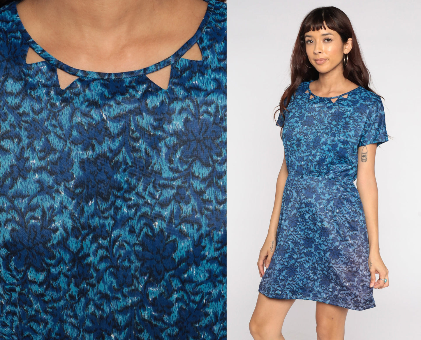 1970s Blue Floral Sheath Dress High Waist Mini Cap Sleeve Medium