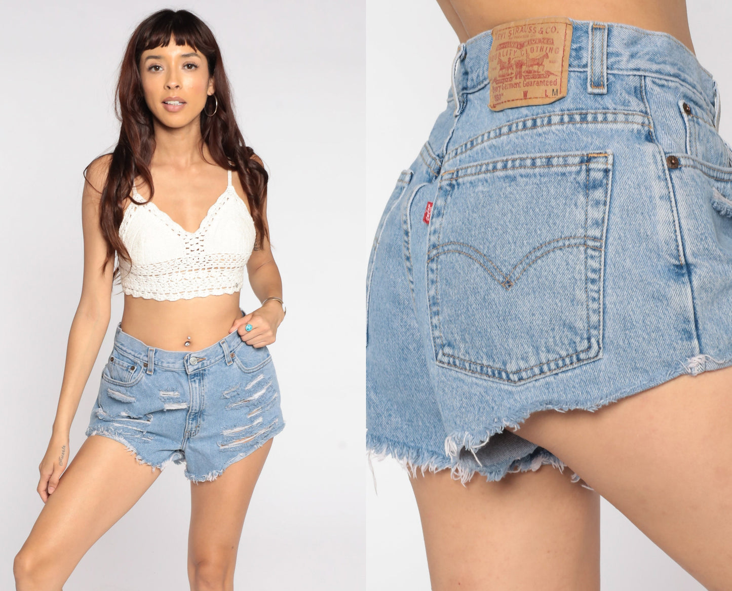 80s Levi's 550 High-Waisted Denim Cutoff Shorts Blue Ripped Frayed 30