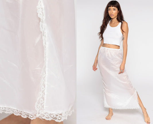 70s White Sheer Slip Skirt Lace Trim Maxi Small Medium