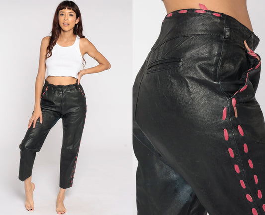 80s Black Leather High-Waist Tapered Pants Medium
