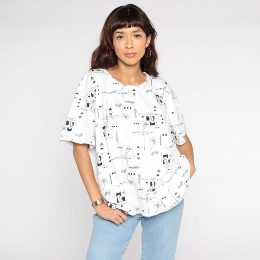 90s Floral Graphic T-Shirt White Black Flower Print Cotton Extra Large XXL