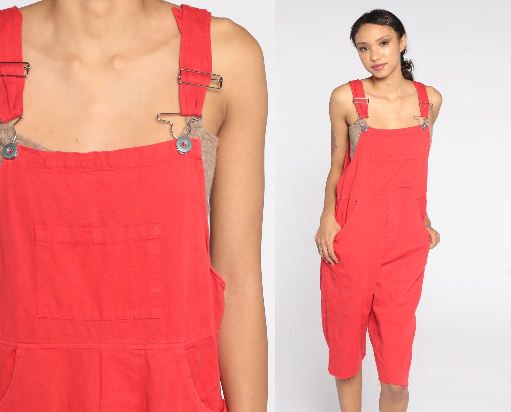 90s Red Cotton Overall Shorts Frayed Cutoff Bib Dungarees Large
