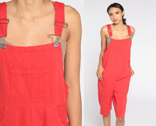 90s Red Cotton Overall Shorts Frayed Cutoff Bib Dungarees Large