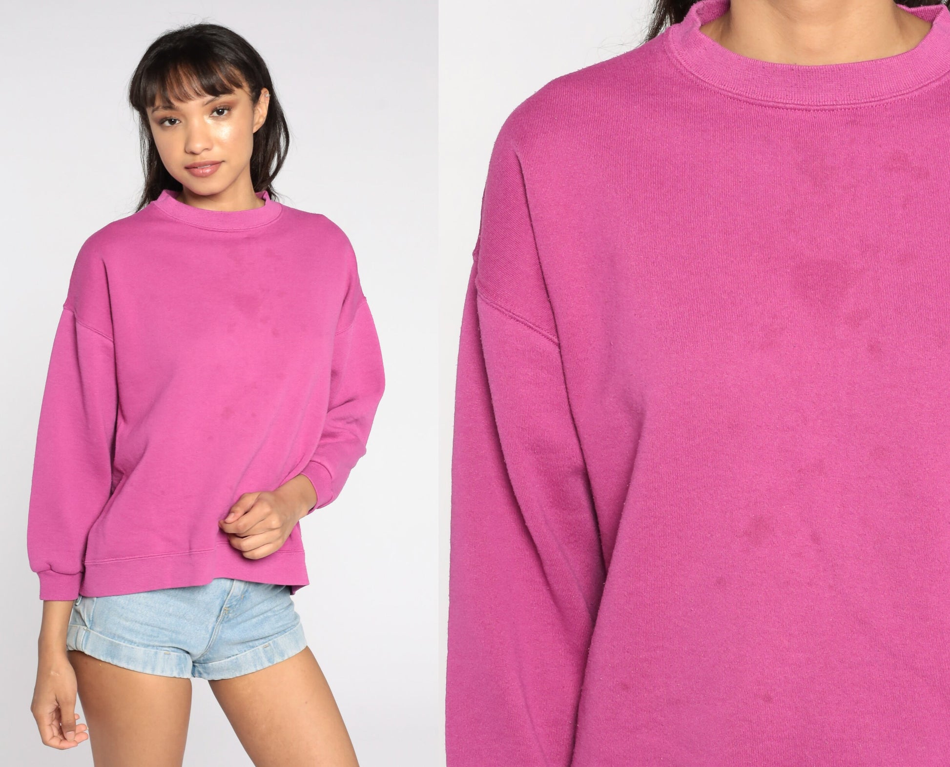 80s Fuchsia Sweatshirt Plain Crewneck Pullover Cotton Blend Large L