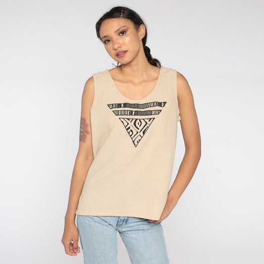 90s Geometric Tank Top Tan Striped Diamond Print Sleeveless Medium