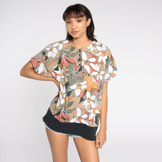 80s Tropical Floral Button-Up Blouse Short Sleeve Shirt Extra Large XL