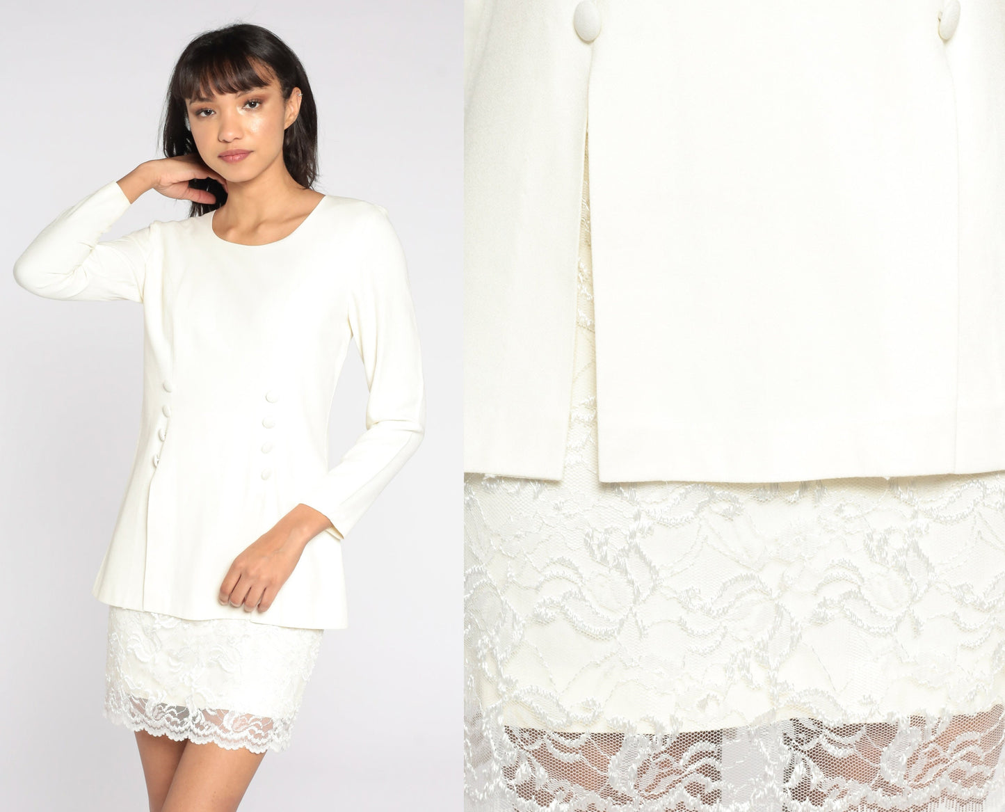 80s Cream Double Breasted Mini Dress Lace Trim Button Up Small