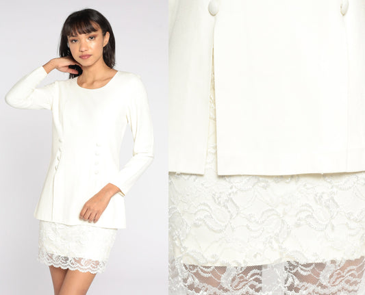 80s Cream Double Breasted Mini Dress Lace Trim Button Up Small
