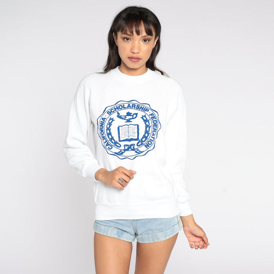80s California Scholarship Federation Raglan Sweatshirt White Graphic Pullover Small