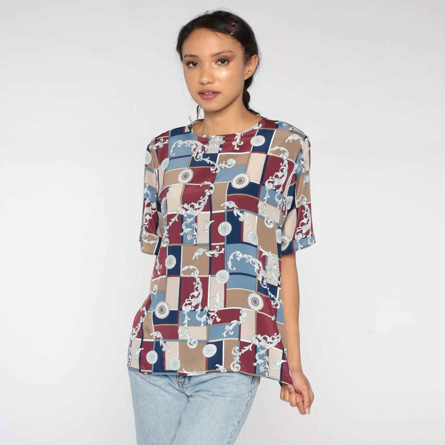 90s Geometric Color Block Blouse Burgundy Blue Polyester Short Sleeve Extra Large