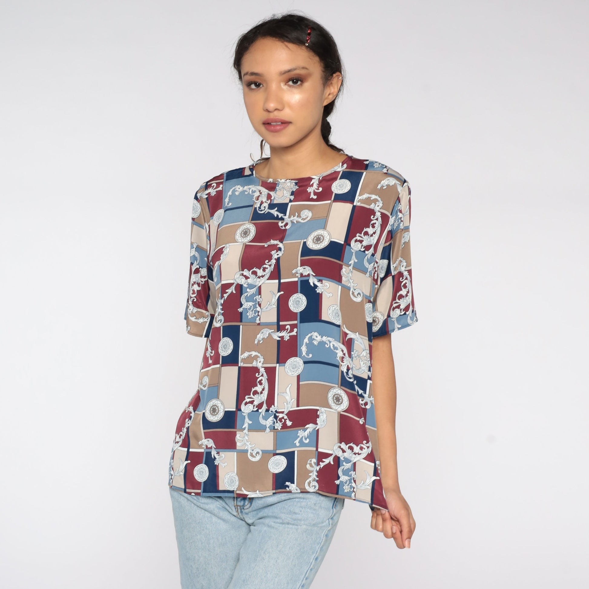90s Geometric Color Block Blouse Burgundy Blue Polyester Short Sleeve Extra Large