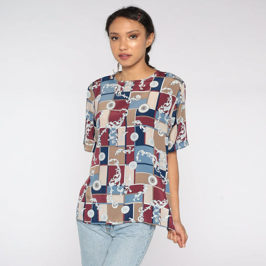 90s Geometric Color Block Blouse Burgundy Blue Polyester Short Sleeve Extra Large