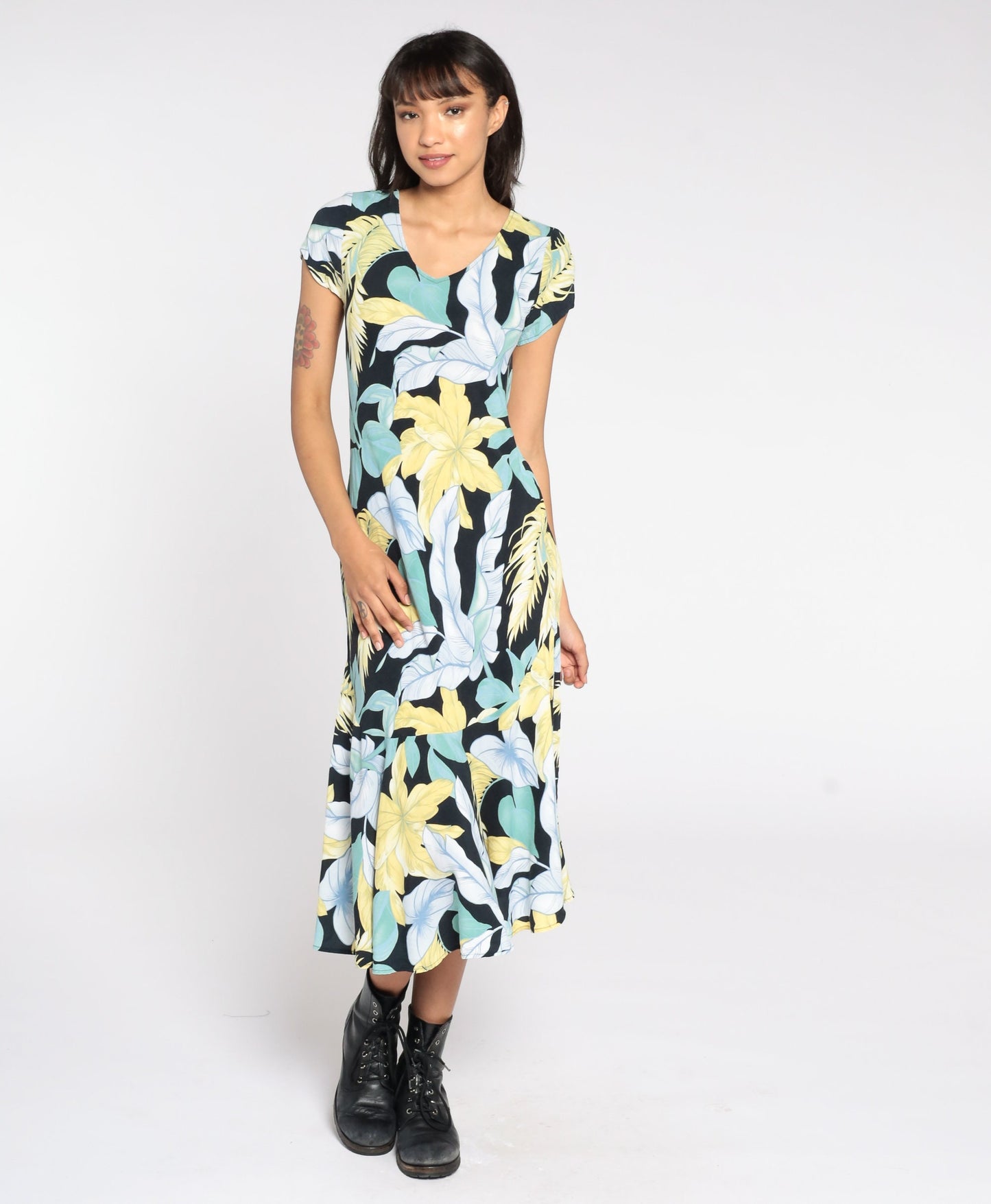 90s Tropical Leaf Print Shift Dress Black Blue Green Midi Small S