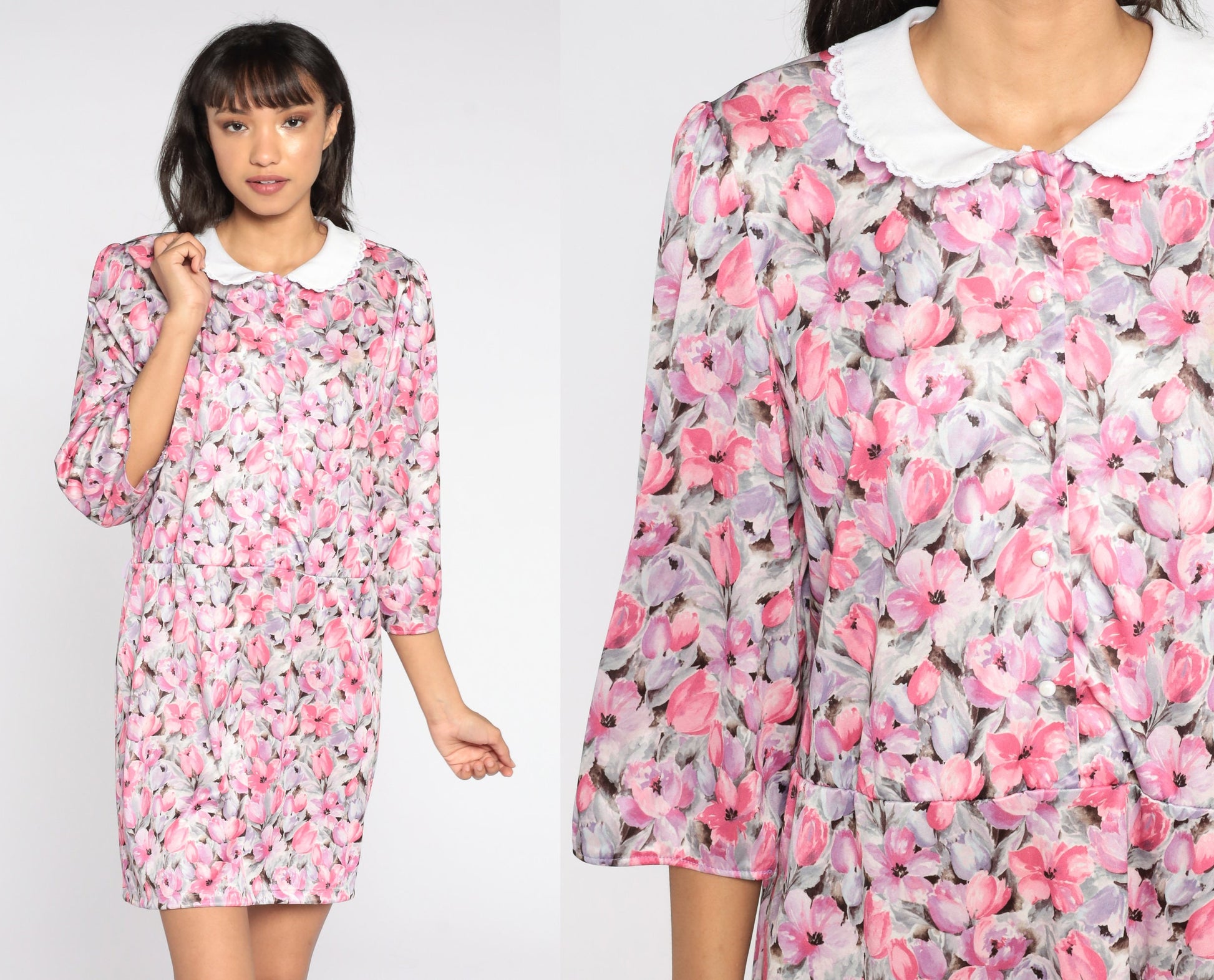 80s Pink Floral Mini Dress Peter Pan Collar Puff Sleeve Button Front Medium Large
