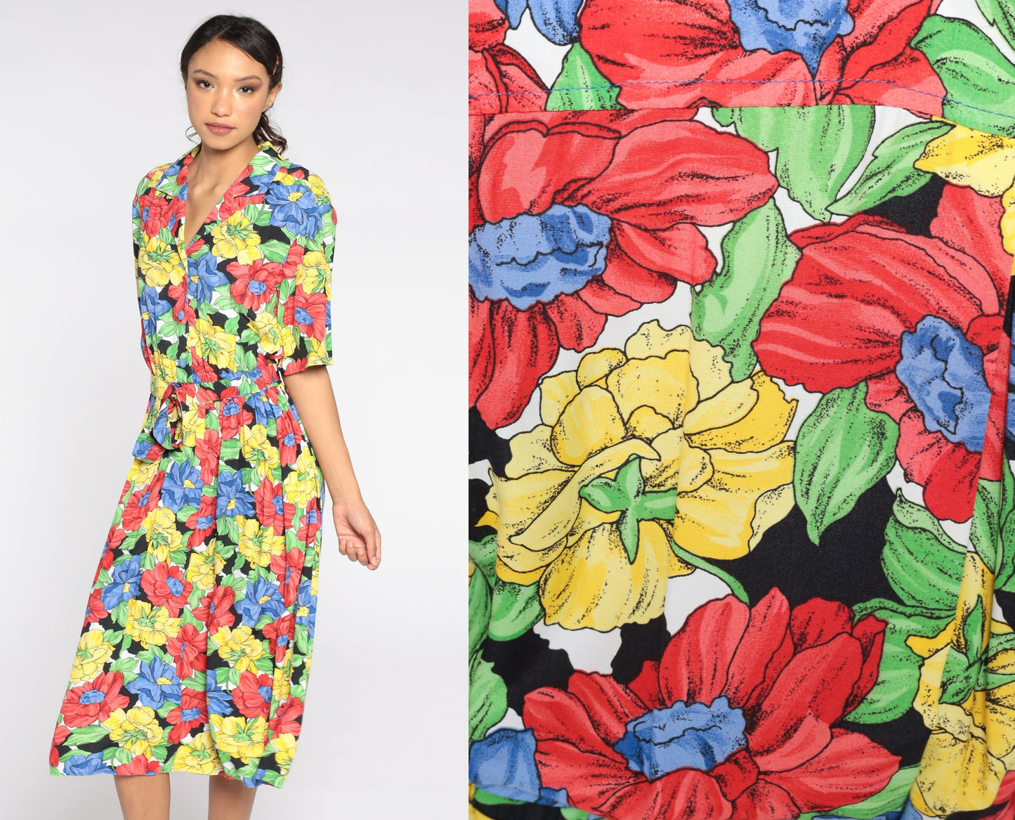 80s Floral Midi Dress High Waist Button Front Short Sleeve Red Yellow Blue Medium Large