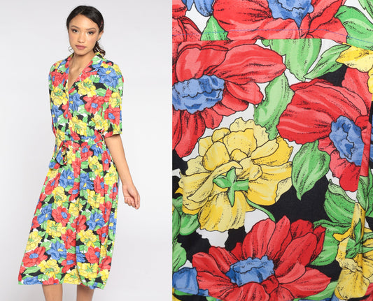 80s Floral Midi Dress High Waist Button Front Short Sleeve Red Yellow Blue Medium Large