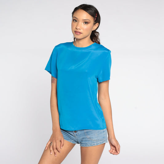 80s Blue Short Sleeve Blouse Plain Polyester Shirt Extra Small