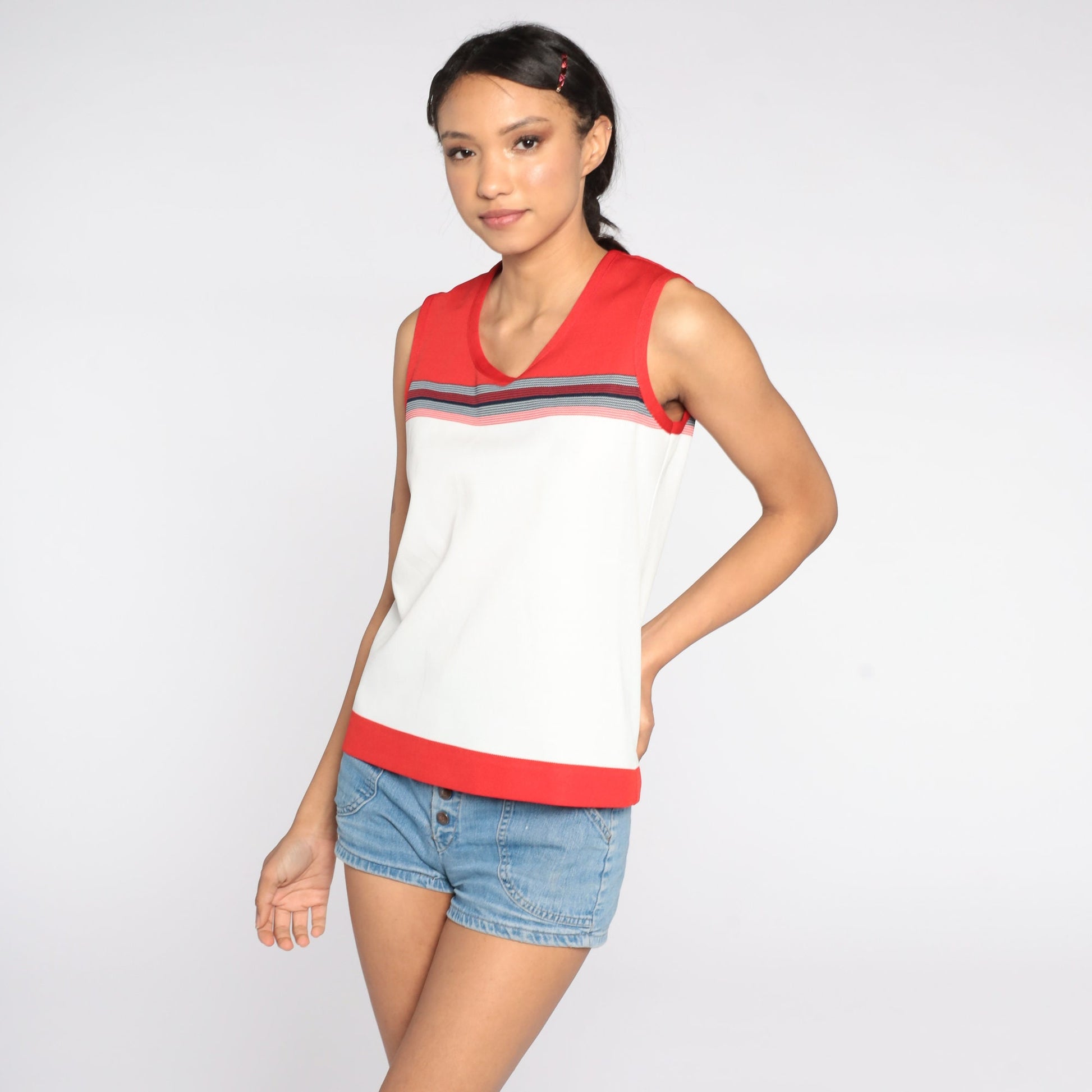 70s Striped Sleeveless Blouse Red White Polyester Knit Tank Small