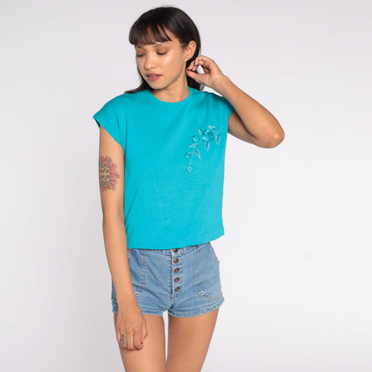1960s Turquoise Knit Sweater Top Floral Appliqué Cap Sleeve Small