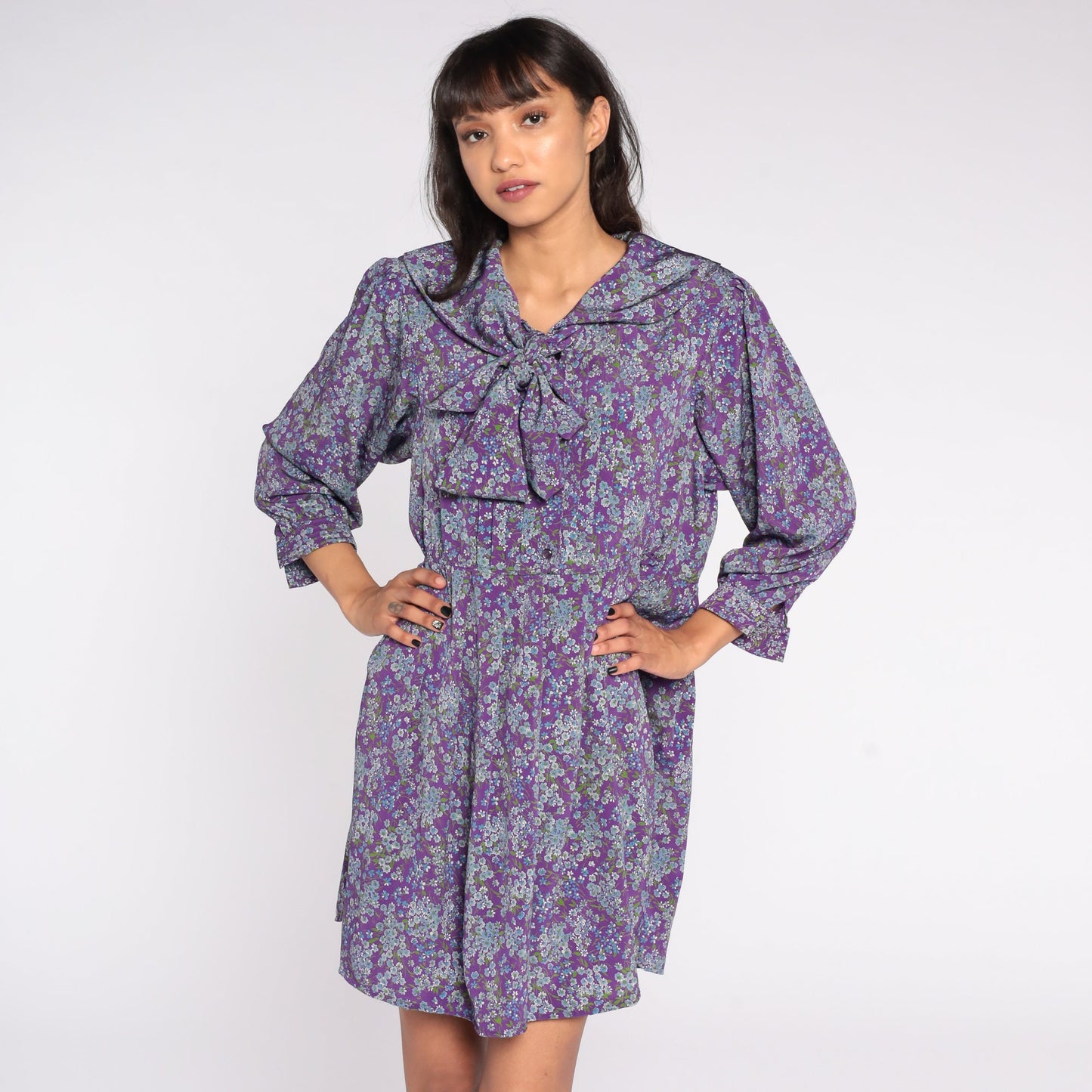 80s Purple Floral Button-Up Mini Dress Ascot Bow Shirtdress High Waist Large