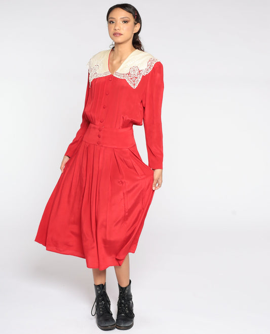 80s Red Midi Dress Lace Collar Button-Up Long Sleeve Small