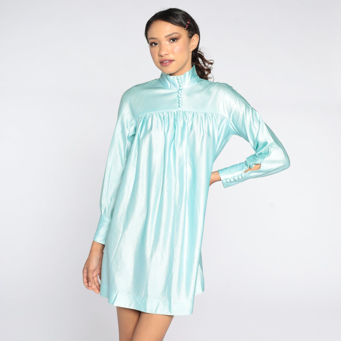 70s Blue Mock Neck Mini Dress Button-Up Tent Trapeze Cut Medium