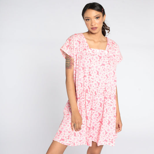 80s Pink Floral Mini Dress High Waist Square Neckline Cap Sleeve Extra Large