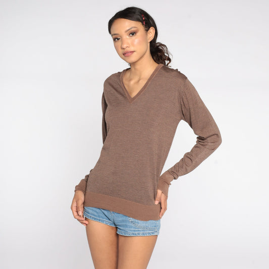 80s Brown Striped Wool V-Neck Sweater Pullover Medium