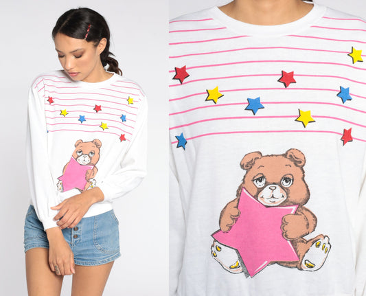 80s Teddy Bear Graphic Sweatshirt White Pink Striped Crewneck Medium