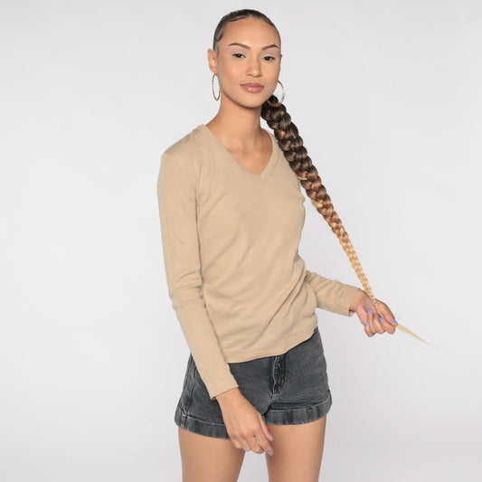80s Tan Knit V-Neck Long Sleeve Shirt Medium