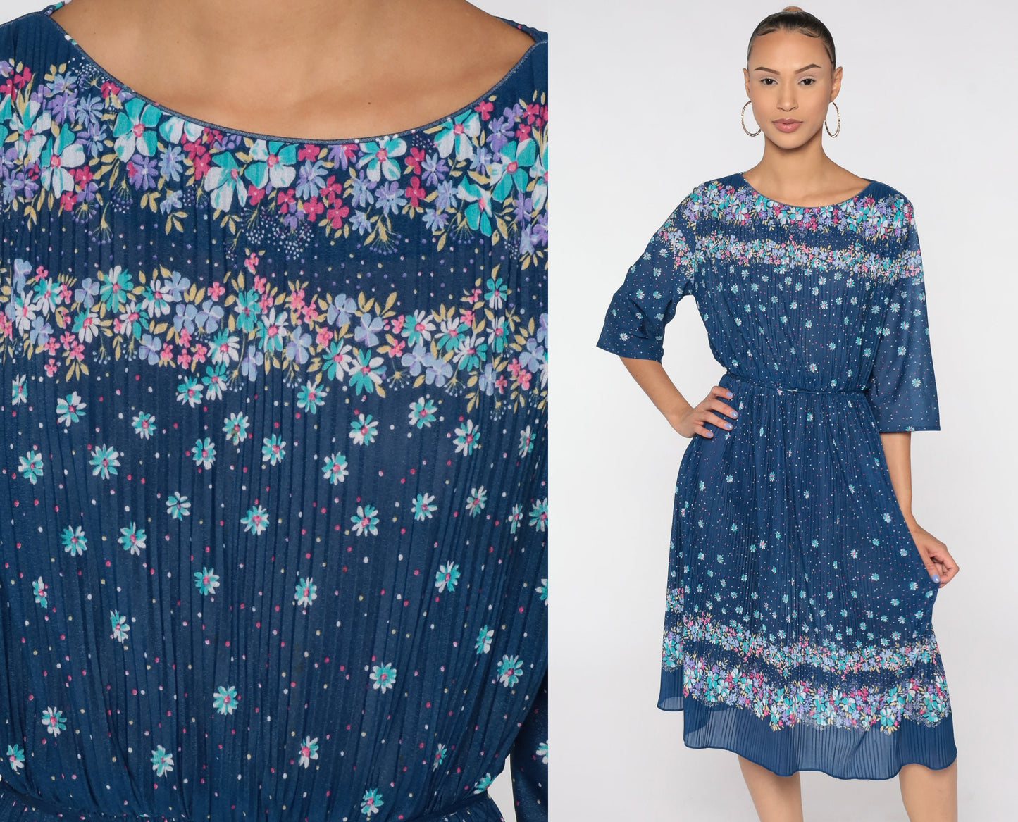 70s Floral Midi Dress Blue High Waist Knife Pleated 3/4 Sleeve Large L