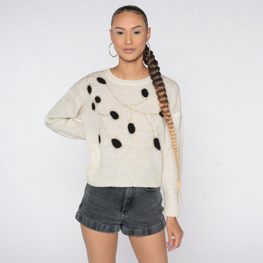 80s White Leaf Knit Sweater Graphic Pullover Crewneck Medium