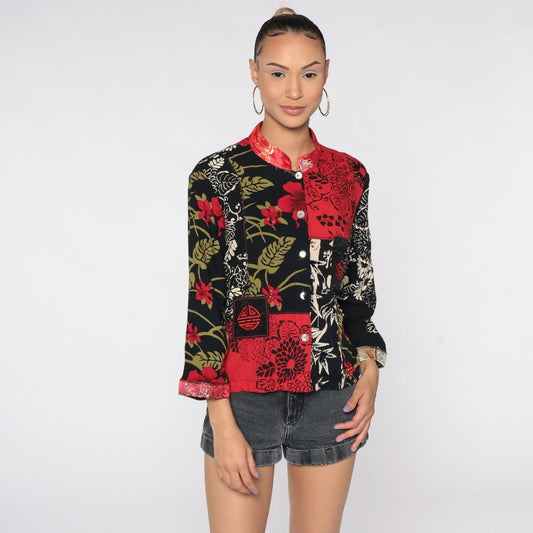 90s Floral Beaded Button Up Shirt Red Asian-Inspired Blouse Large L