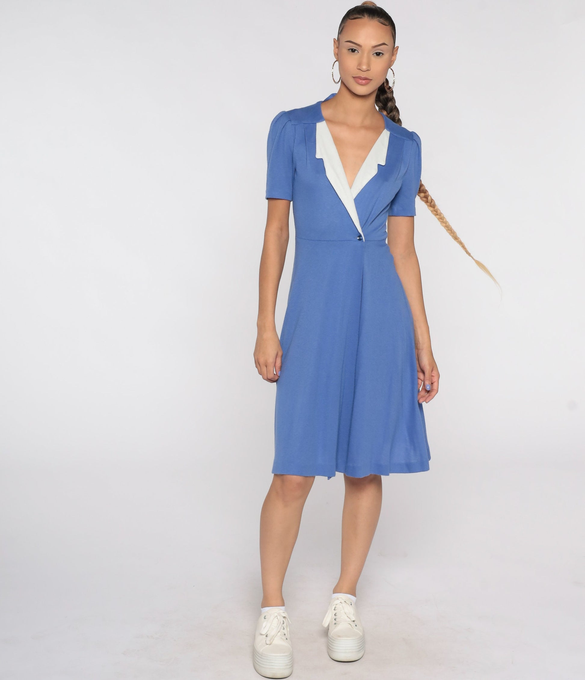 80s Purple Wrap Dress High Waist Deep V Puff Sleeve Midi Small