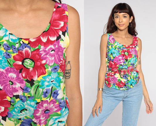 90s Floral Tank Top Sleeveless Blouse Belted Rayon Tropical Extra Small