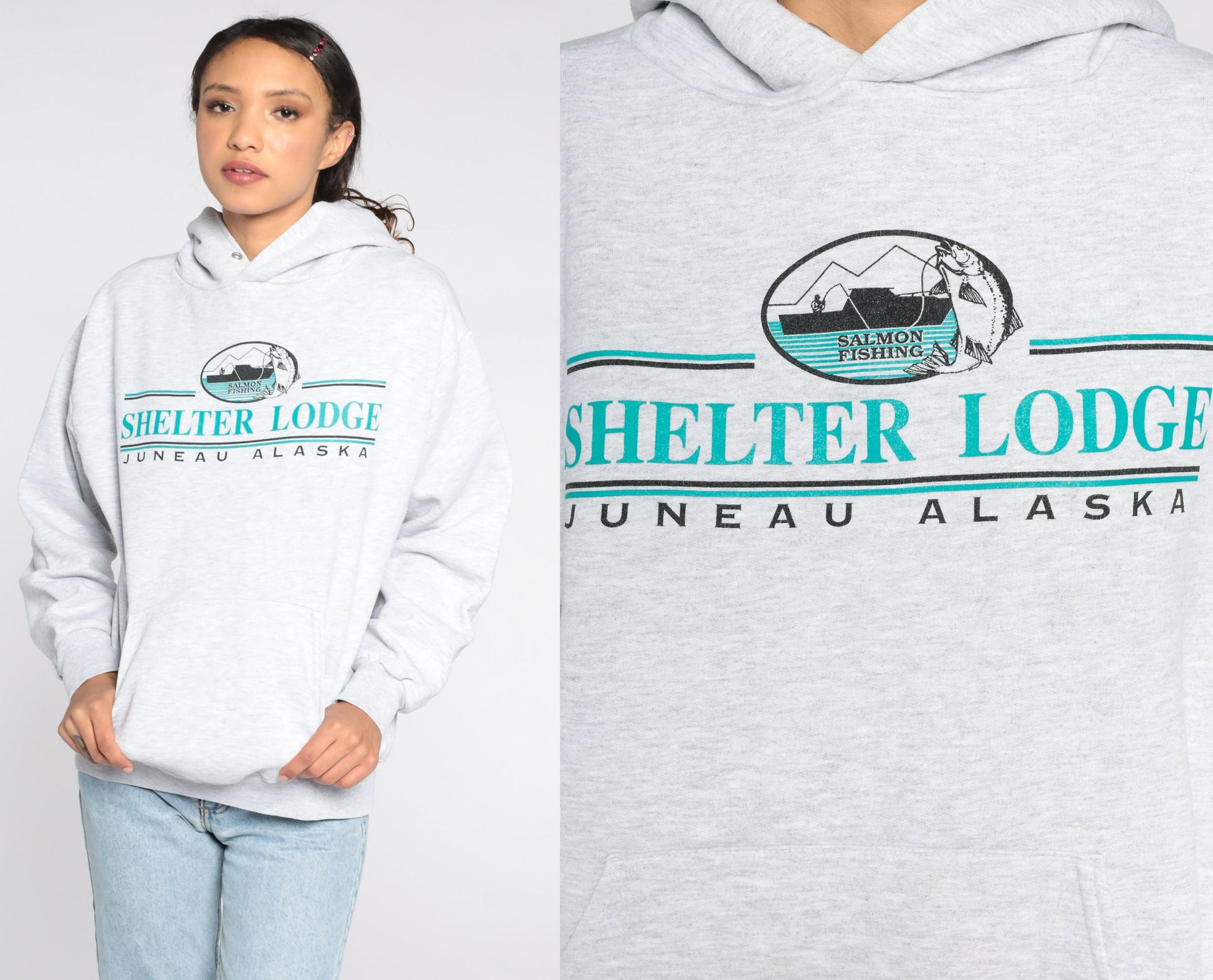 90s Shelter Fishing Lodge Juneau Alaska Hoodie Sweatshirt Jerzees Medium