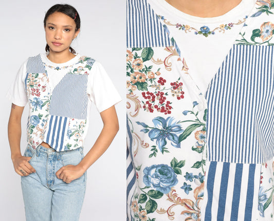 90s Floral T-Shirt White Graphic Tee Attached Vest Cotton Small Petite