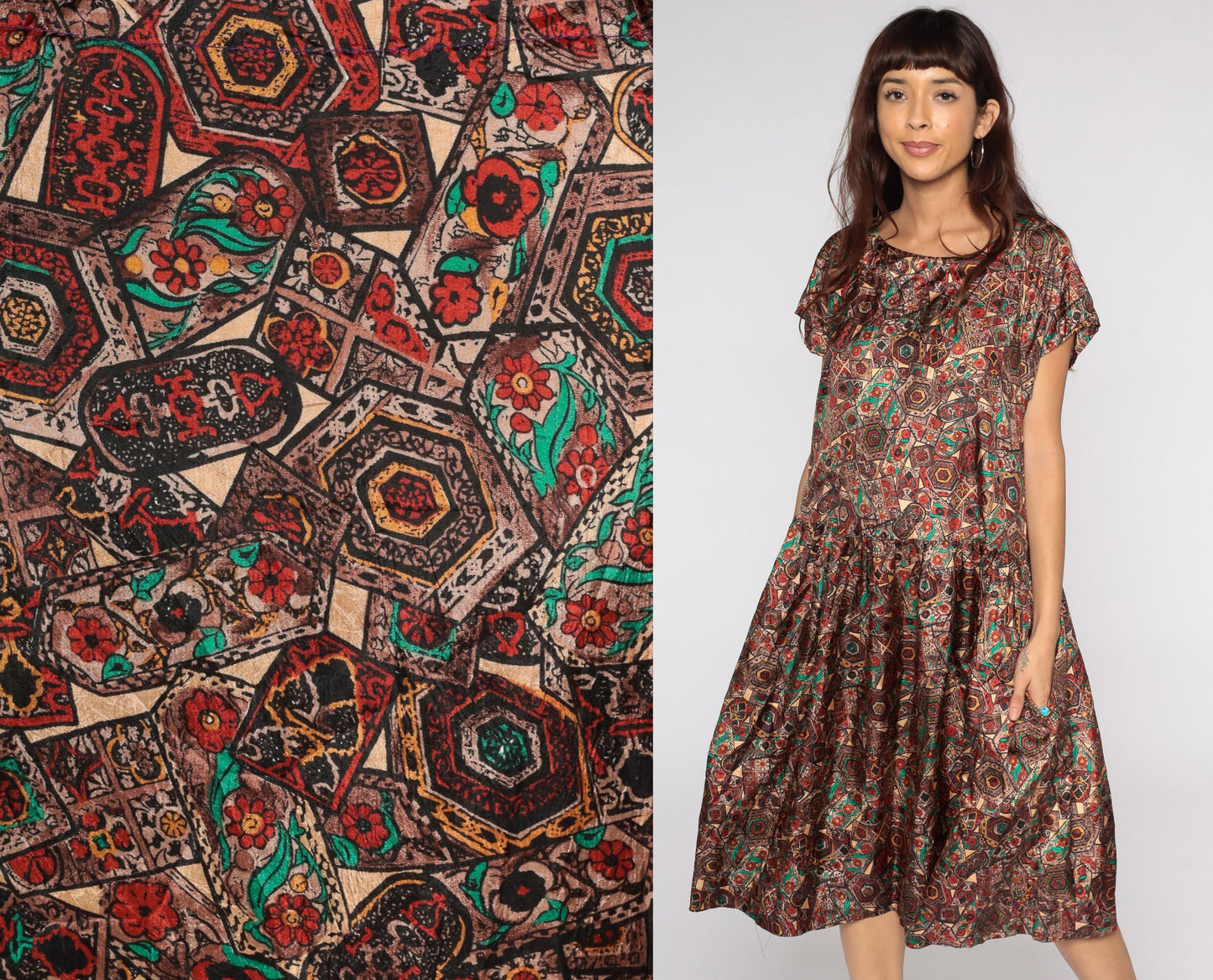 1960s Geometric Floral Midi Dress Drop Waist Short Sleeve Red Brown Medium