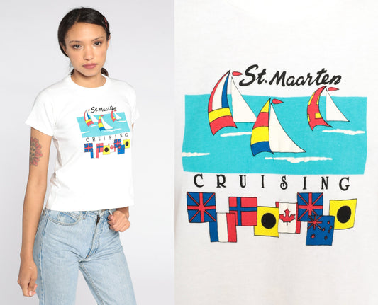 90s St. Maarten Sailboat Graphic T-Shirt White Cotton Extra Small