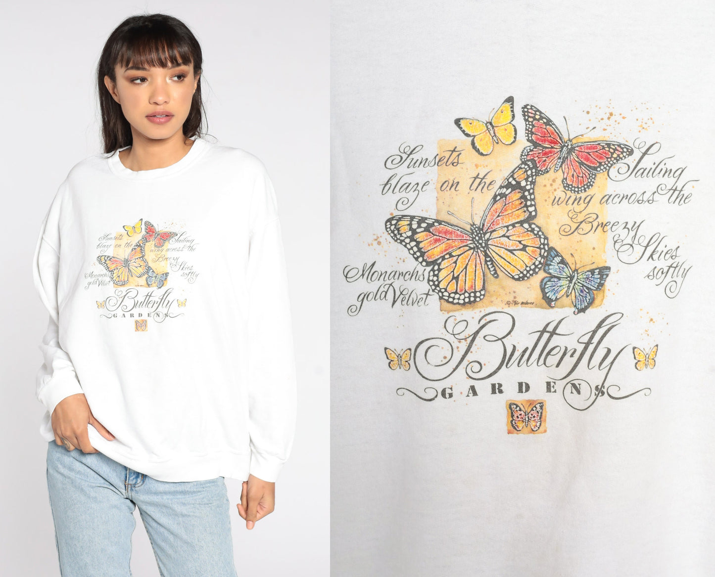 90s Butterfly Gardens Graphic Sweatshirt White Crewneck Extra Large XL