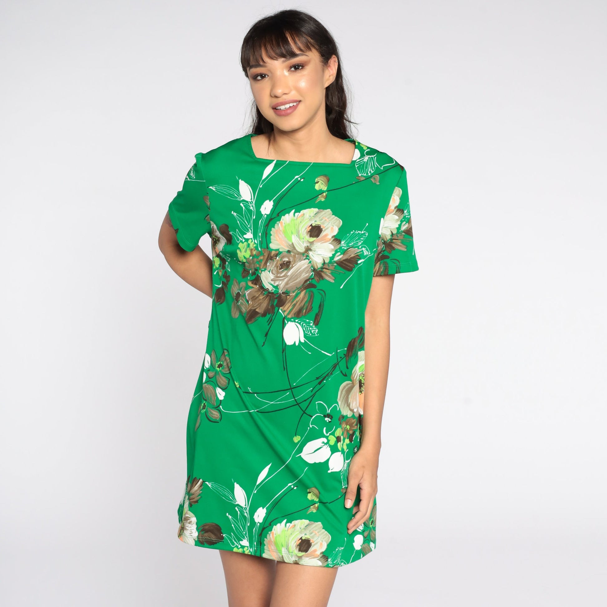 60s Mod Mini Shift Dress Green Floral Print Short Sleeve Medium Large
