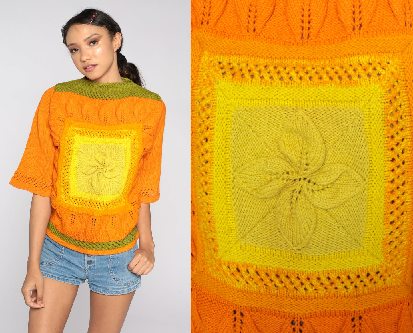 70s Wool Bell Sleeve Sweater Yellow Orange Colourblock Knit Medium