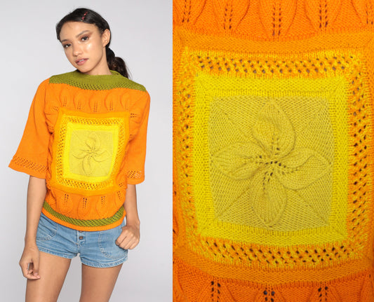 70s Wool Bell Sleeve Sweater Yellow Orange Colourblock Knit Medium
