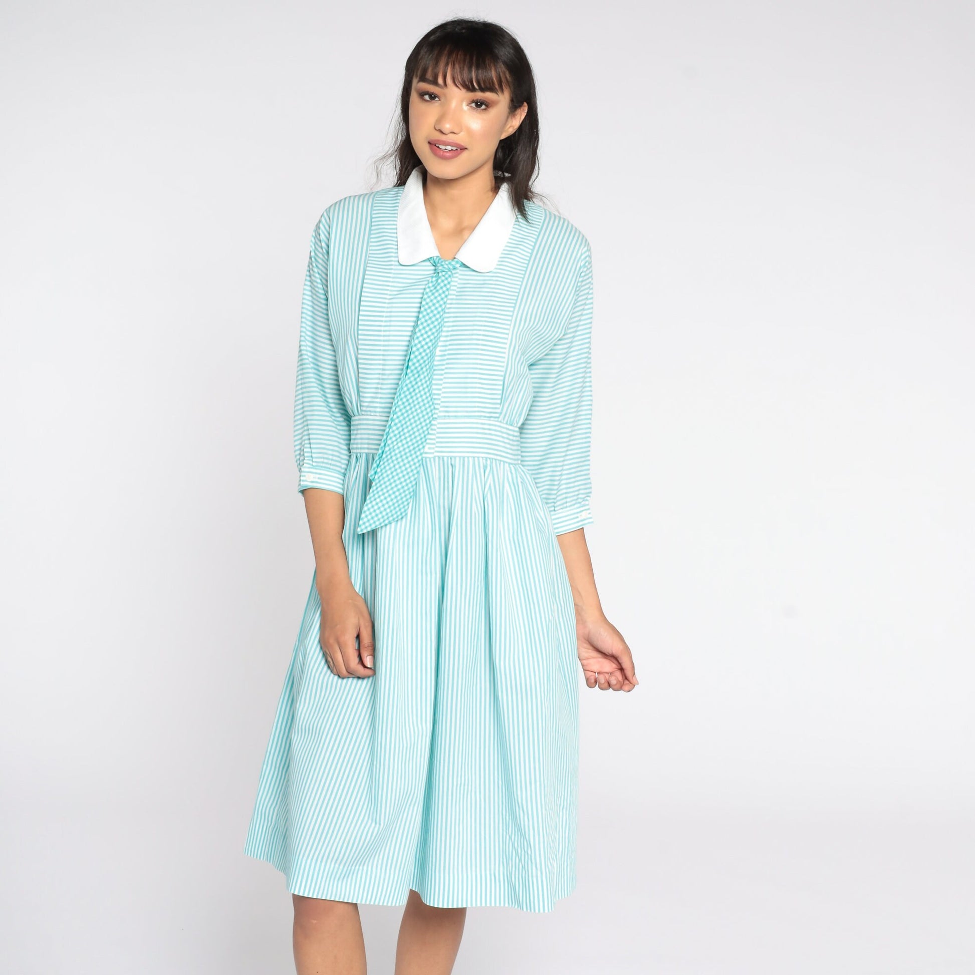 80s Blue Striped Midi Dress Ascot Necktie Peter Pan Collar High Waist Small