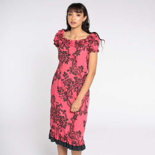 80s Pink Hawaiian Floral Midi Dress Puff Sleeve Shift Small S