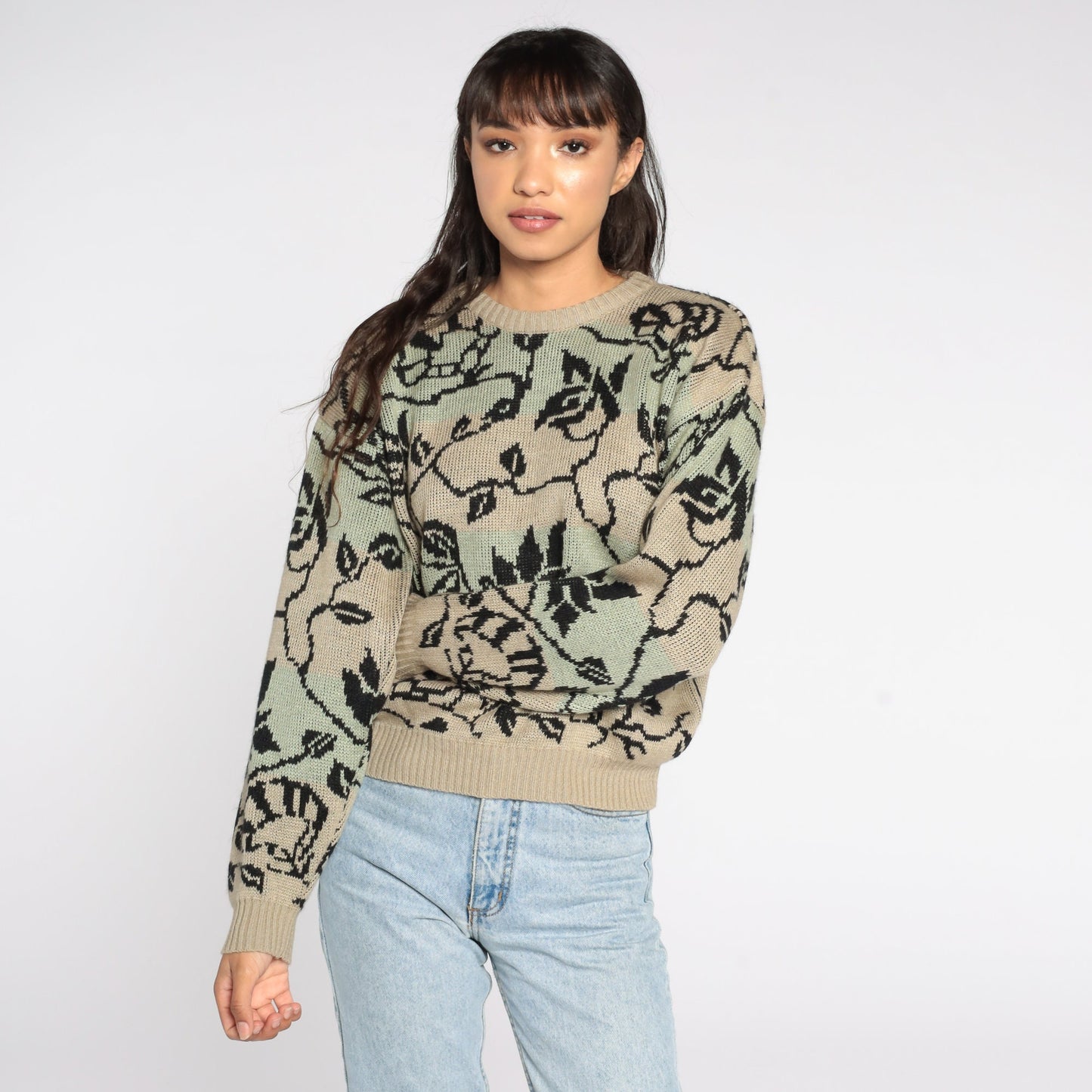 80s Floral Vine Crewneck Sweater Brown Green Pullover Medium