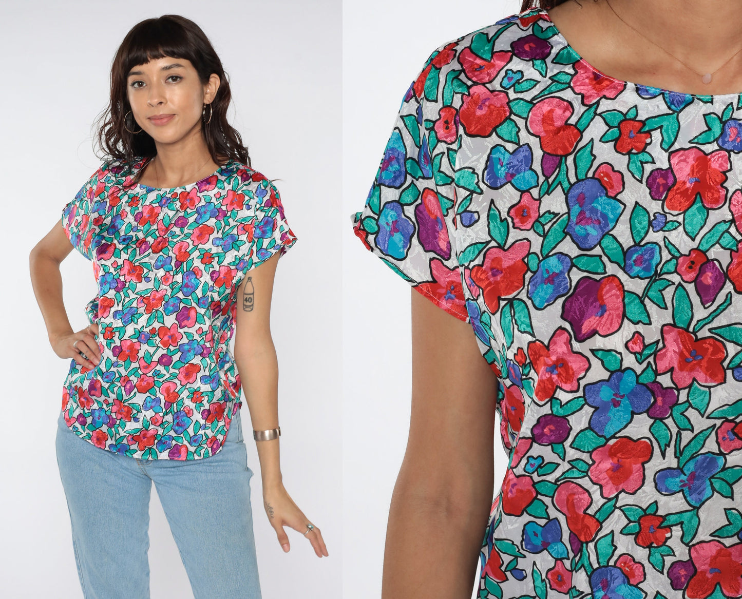 80s Floral Cap Sleeve Blouse White Green Pink Flower Print Small